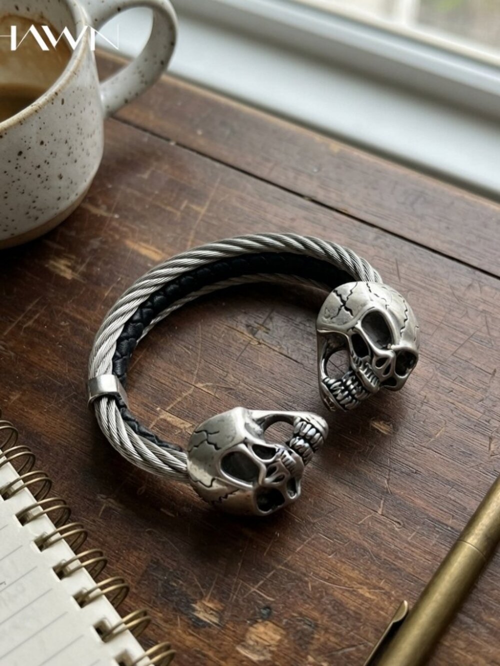 Mens Leather Cable Skull Open Cuff Bracelet